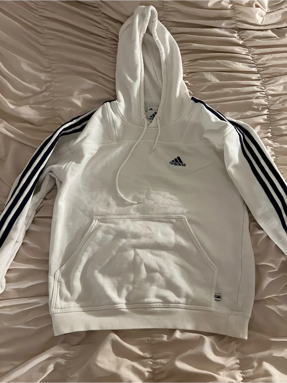 Adidas woman’s  White Hoodie with Blue Stripe Sleeves